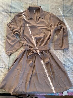 HALARA Taupe Belted Midi Shirt Dress